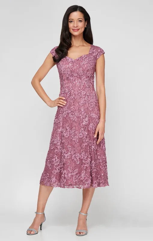 Midi Lace Soutache Dress with Sweetheart Neckline made by Alex Evenings