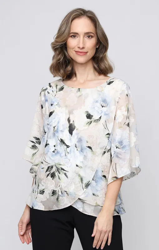 Petite 3/4 Sleeve Printed Burnout Chiffon Blouse with Tulip Overlay Detail sold by Alex Evenings
