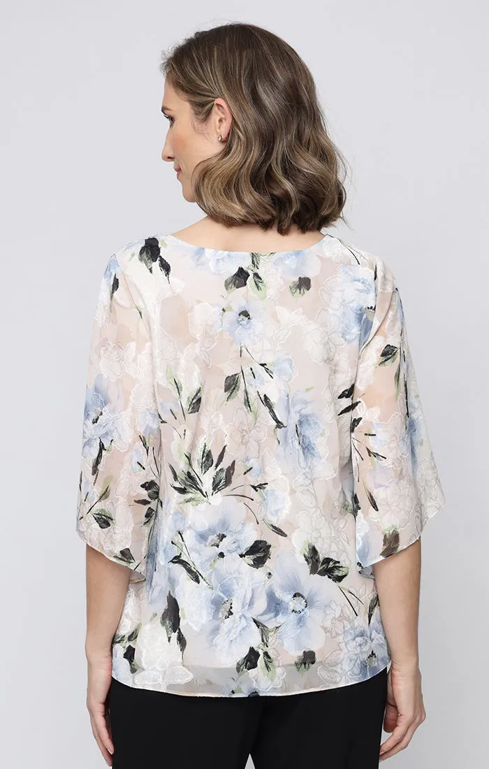 3/4 Sleeve Printed Burnout Chiffon Blouse with Tulip Overlay Detail sold by Alex Evenings product image thumbnail 2