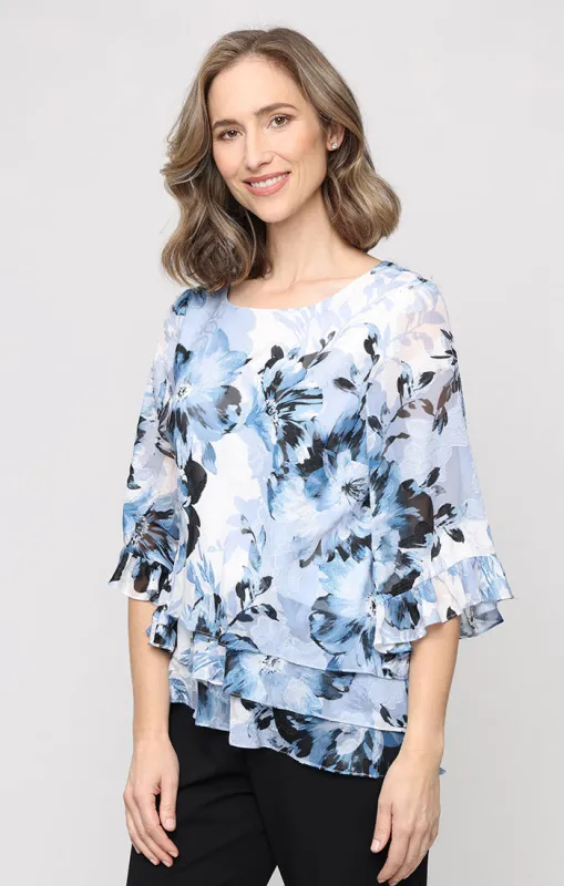 3/4 Sleeve Printed Burnout Chiffon Blouse with Ruffle Sleeve Detail and Asymmetric Triple Tier Hem sold by Alex Evenings