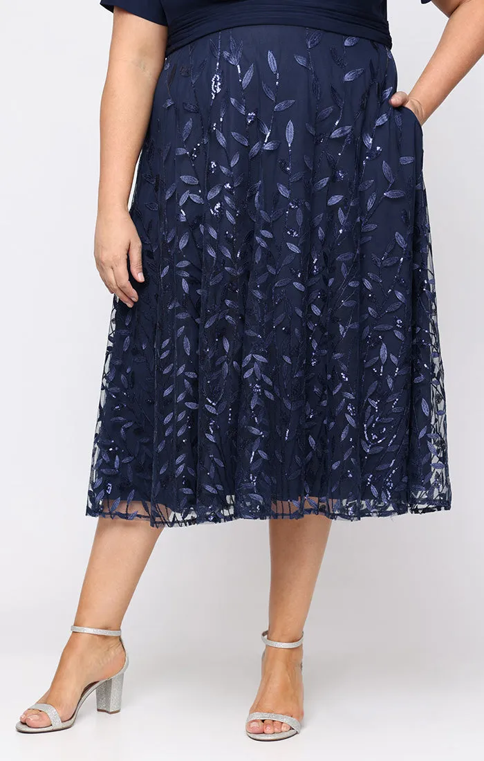 Plus Tea Length Embroidered A-Line Dress with Matte Jersey Surplice Neckline, Ruched Empire Waist and Elbow Sleeves sold by Alex Evenings product image thumbnail 4