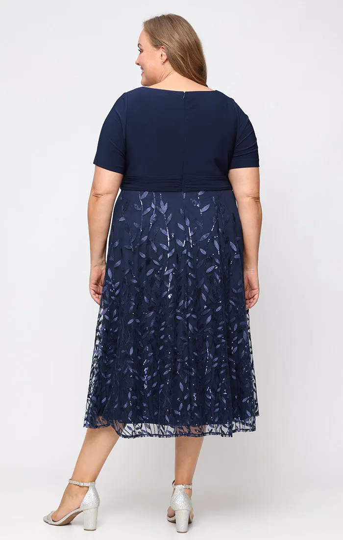 Plus Tea Length Embroidered A-Line Dress with Matte Jersey Surplice Neckline, Ruched Empire Waist and Elbow Sleeves sold by Alex Evenings product image thumbnail 3