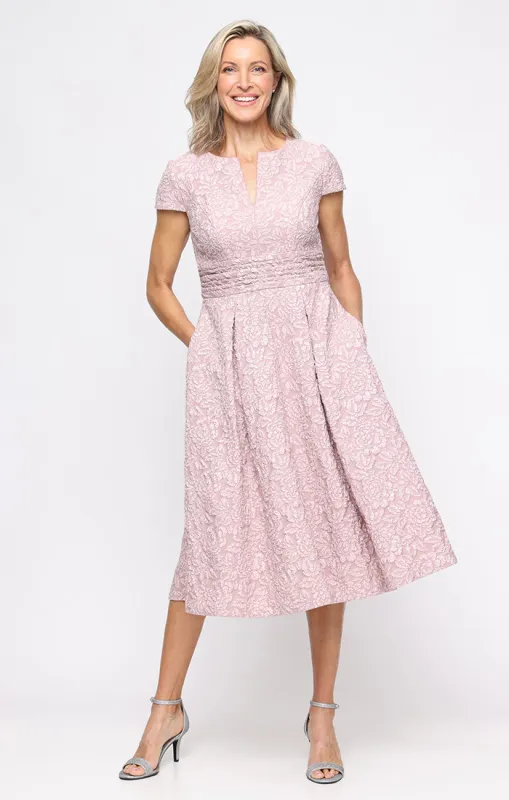 Plus Midi Embossed Crepe A-Line Dress with Notched Neckline and Ruched Waist Detail sold by Alex Evenings