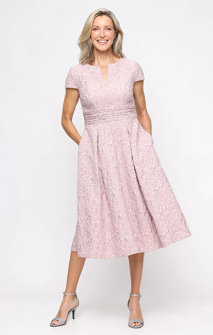 Plus Midi Embossed Crepe A-Line Dress with Notched Neckline and Ruched Waist Detail sold by Alex Evenings