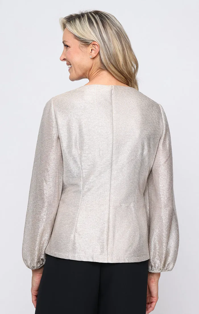 Regular - Metallic Knit Blouse with Ruched Drape Waist Detail and Bubble Hem Sleeves sold by Alex Evenings product image thumbnail 2