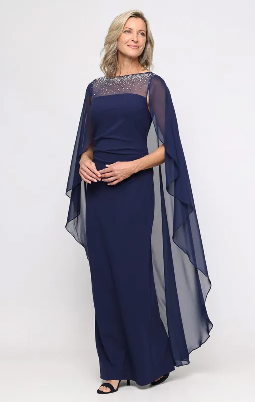 Plus Long Stretch Crepe Column Dress with Heat Set Illusion Neckline and Dramatic Chiffon Capelet Sleeves sold by Alex Evenings