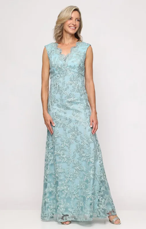 Embroidered Empire Waist Dress with Scallop Detail V-Neckline sold by Alex Evenings