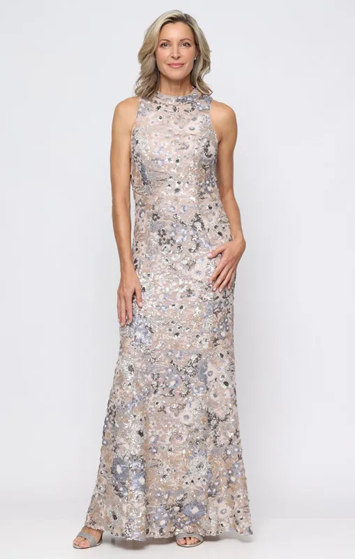 Long Sleeveless Floral Sequin Gown sold by Alex Evenings