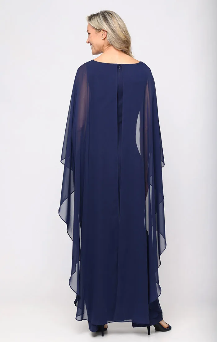 Long Stretch Crepe Column Dress with Heat Set Illusion Neckline and Dramatic Chiffon Capelet Sleeves sold by Alex Evenings product image thumbnail 3