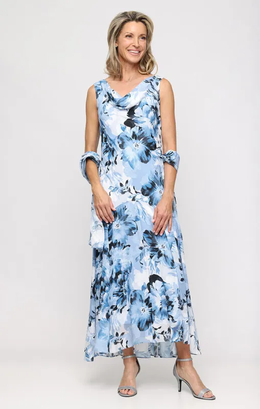 Sleeveless Printed Burnout Chiffon Dress with Cowl Neckline, Tulip Overlay High/Low Hem and Shawl sold by Alex Evenings