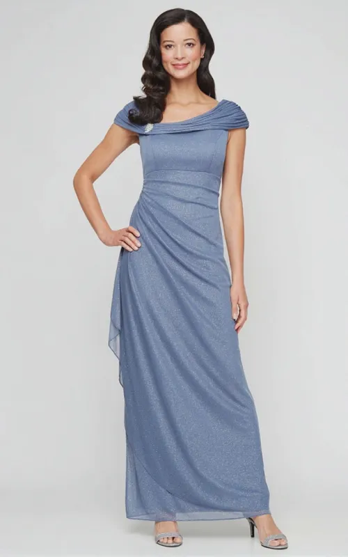 Jessica Glitter Mesh Dress with L-Neckline sold by Alex Evenings