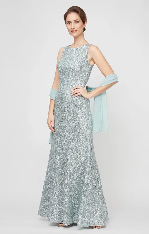 Long Sleeveless Corded Fit and Flare Dress With Shawl sold by Alex Evenings