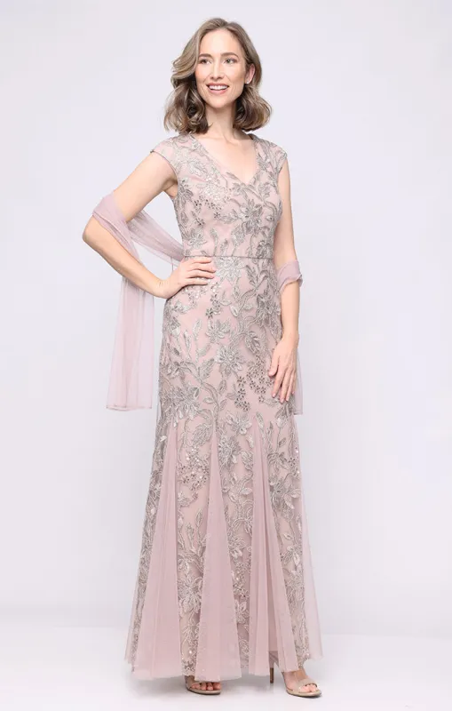 Petite V-Neck Embroidered Dress with Godet Detail Skirt and Shawl sold by Alex Evenings