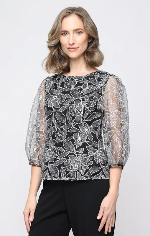 Embroidered Tulle Blouse with Bubble Hem Sleeves with Puff Shoulder Detail sold by Alex Evenings