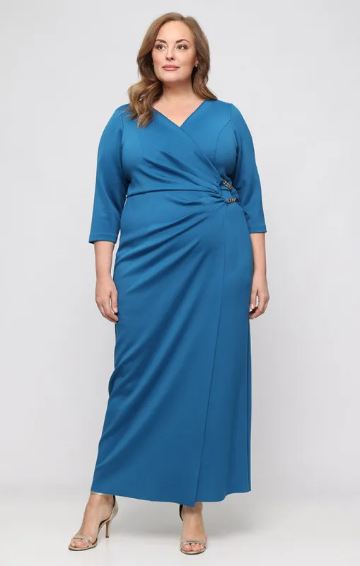 Plus Stretch Crepe Dress with Surplice Neckline, Hardware Detail at Waist sold by Alex Evenings