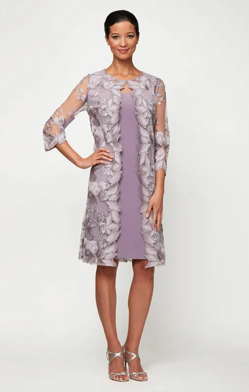 Regular - Embroidered Elongated Lace Mock Jacket with Jersey Sheath Dress made by Alex Evenings