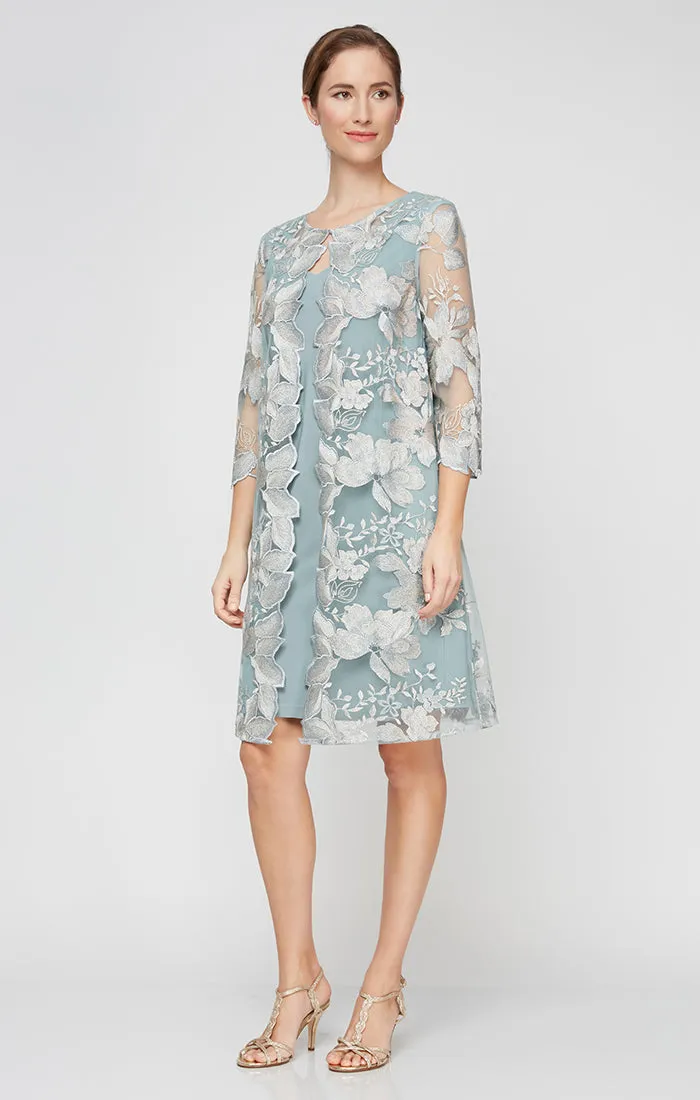 Petite Short Embroidered Elongated Lace Mock Jacket with Jersey Sheath Dress sold by Alex Evenings