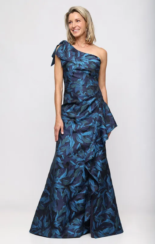 *Long One Shoulder Jacquard Dress with Bow Detail at Shoulder sold by Alex Evenings