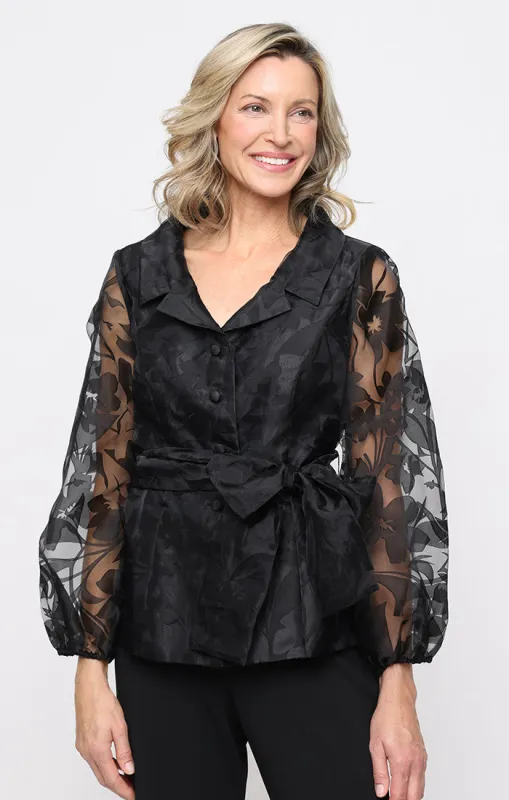 3/4 Sleeve Button Front Burnout Organza Blouse with Notched Collar, Illusion Sleeves and Tie Belt made by Alex Evenings