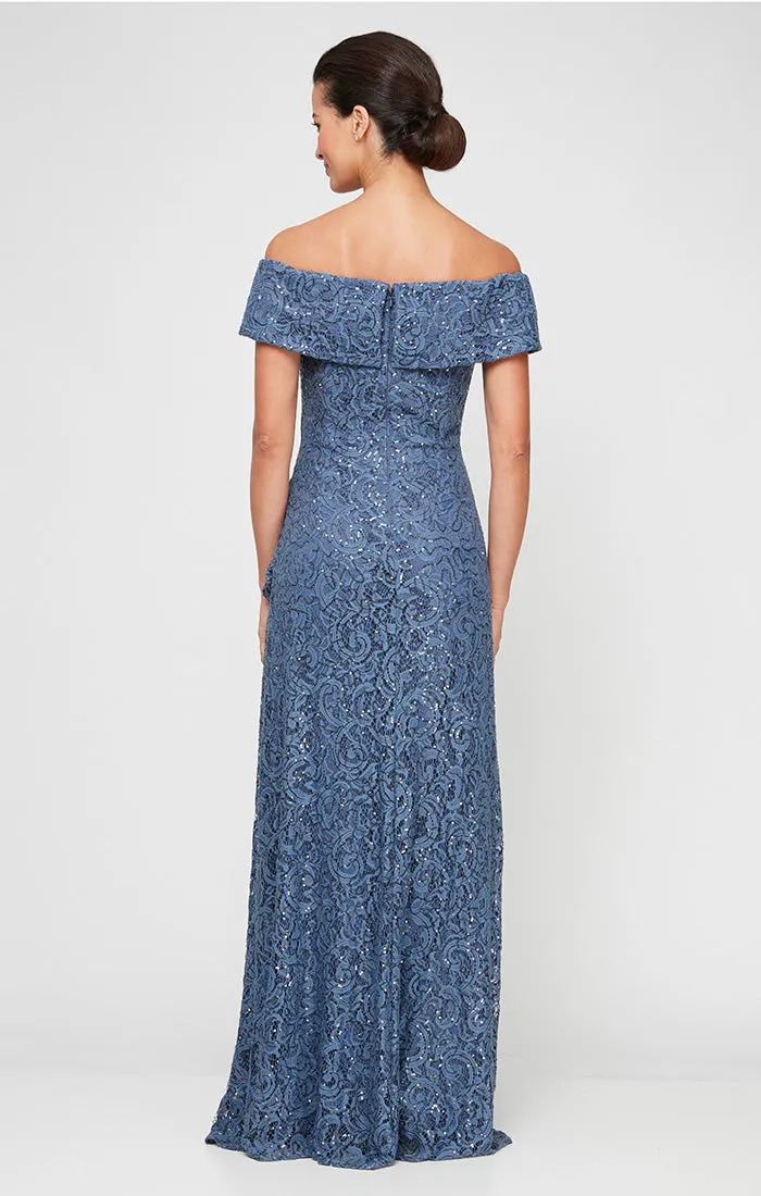 Off-the-Shoulder Sequin Lace Dress with Cascade Ruffle Detail Skirt sold by Alex Evenings product image thumbnail 2