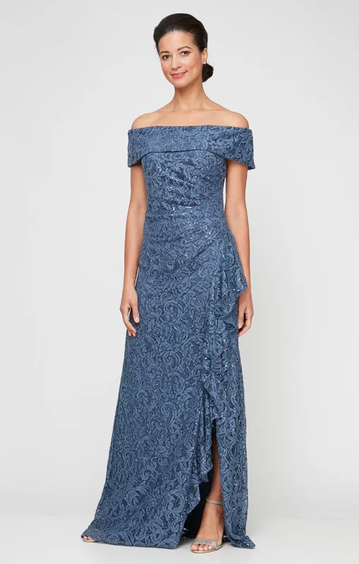Off-the-Shoulder Sequin Lace Dress with Cascade Ruffle Detail Skirt sold by Alex Evenings