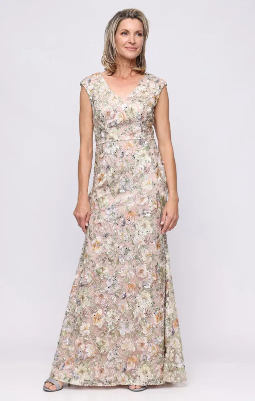 Long Sleeveless Embroidered Dress with V-Neckline sold by Alex Evenings