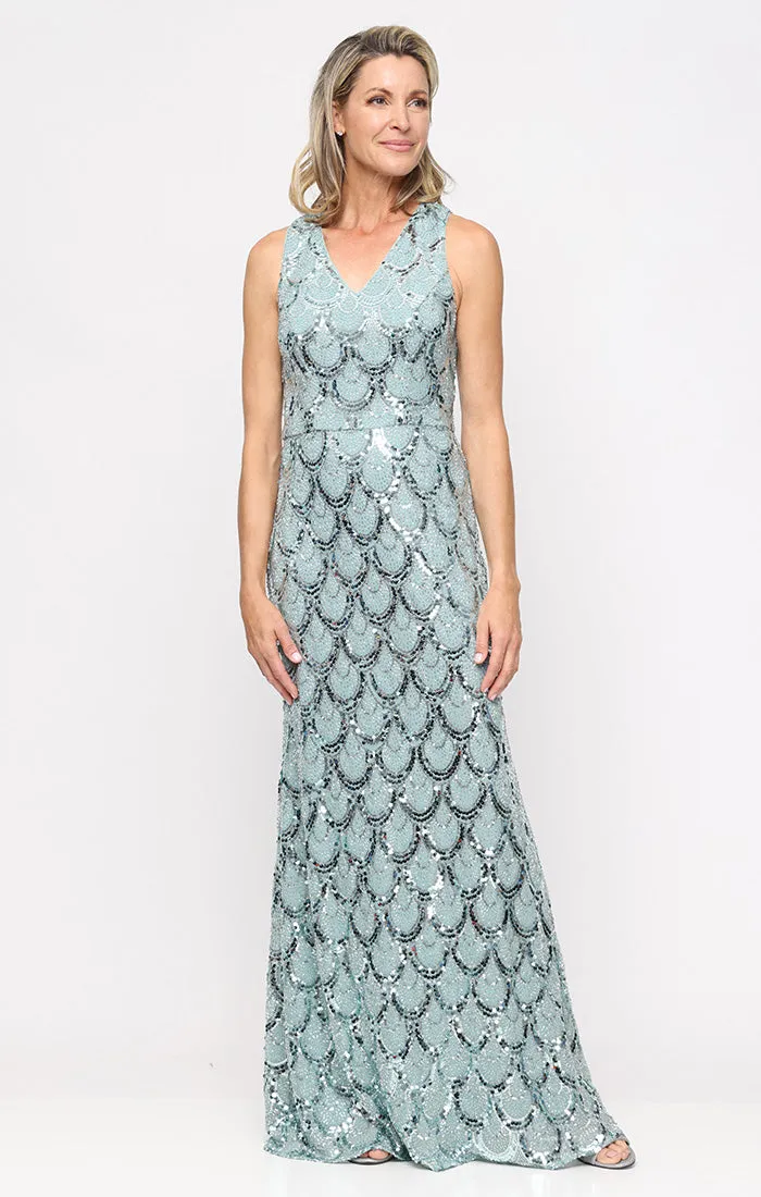 Petite Long Sleeveless Sequin Dress with V-Neckline sold by Alex Evenings
