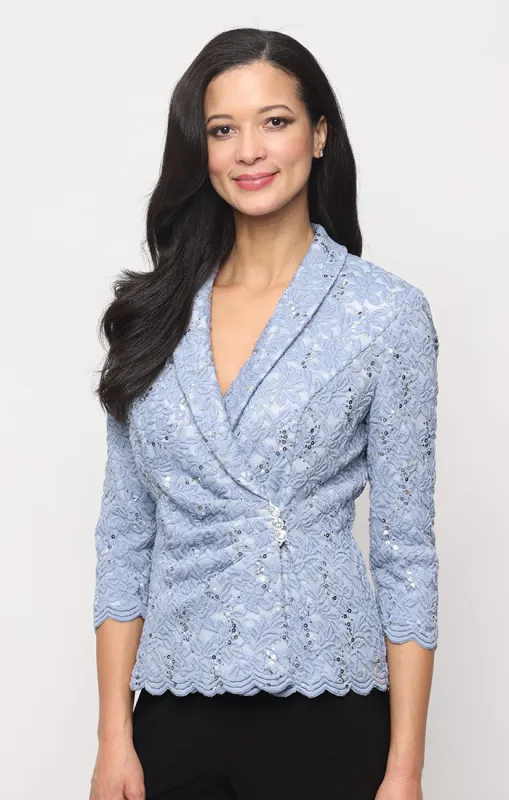 Petite 3/4 Sleeve Stretch Sequin Lace Side Closure Blouse with Collar, Scallop Detail and and Decorative Button Closure made by Alex Evenings