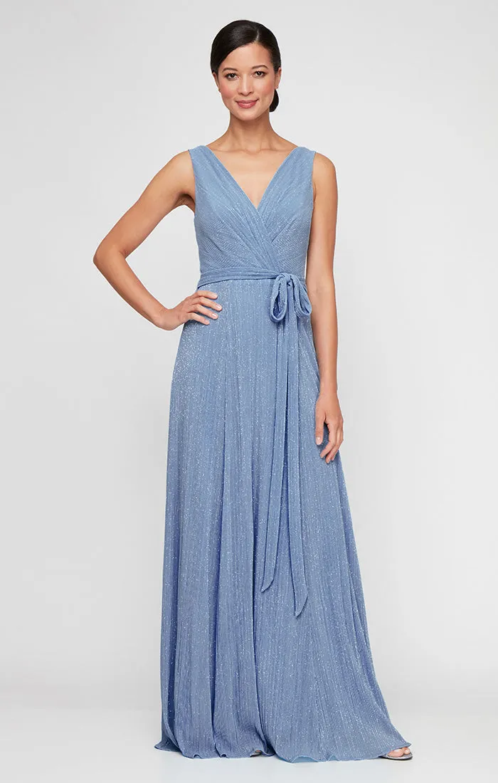 Regular - Glitter Mesh Surplice Neckline Dress with Tie Belt sold by Alex Evenings