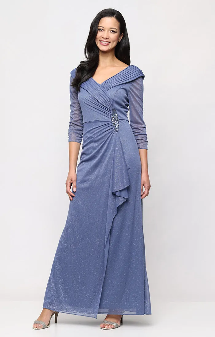 Petite Portrait Collar Glitter Mesh Dress with Illusion Sleeves and Embellished Waist Detail sold by Alex Evenings product image thumbnail 4