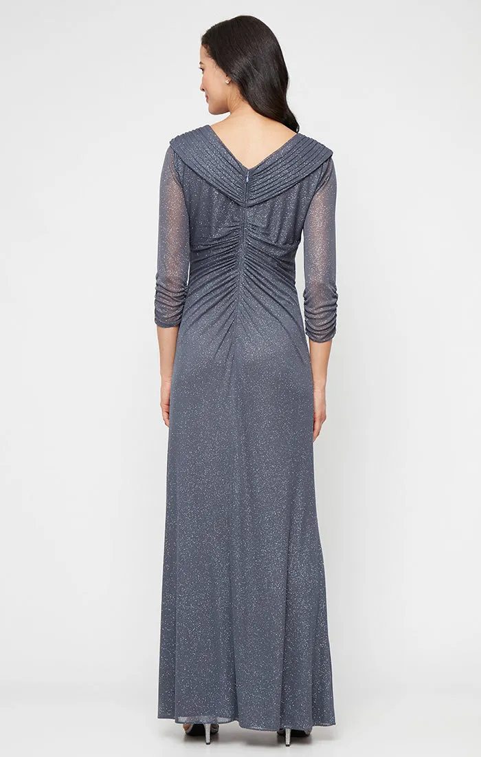 Petite Portrait Collar Glitter Mesh Dress with Illusion Sleeves and Embellished Waist Detail sold by Alex Evenings product image thumbnail 3