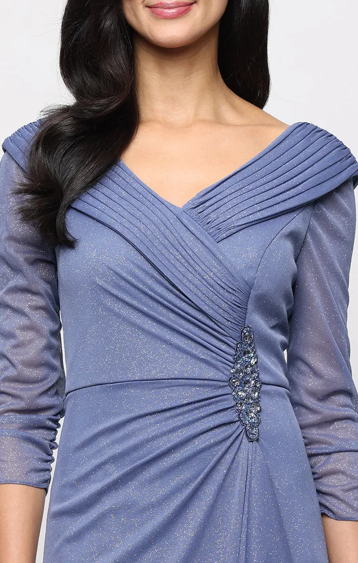 Petite Portrait Collar Glitter Mesh Dress with Illusion Sleeves and Embellished Waist Detail sold by Alex Evenings product image thumbnail 5