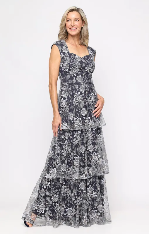 Sleeveless Embroidered Tiered Dress with Sweetheart Neckline made by Alex Evenings