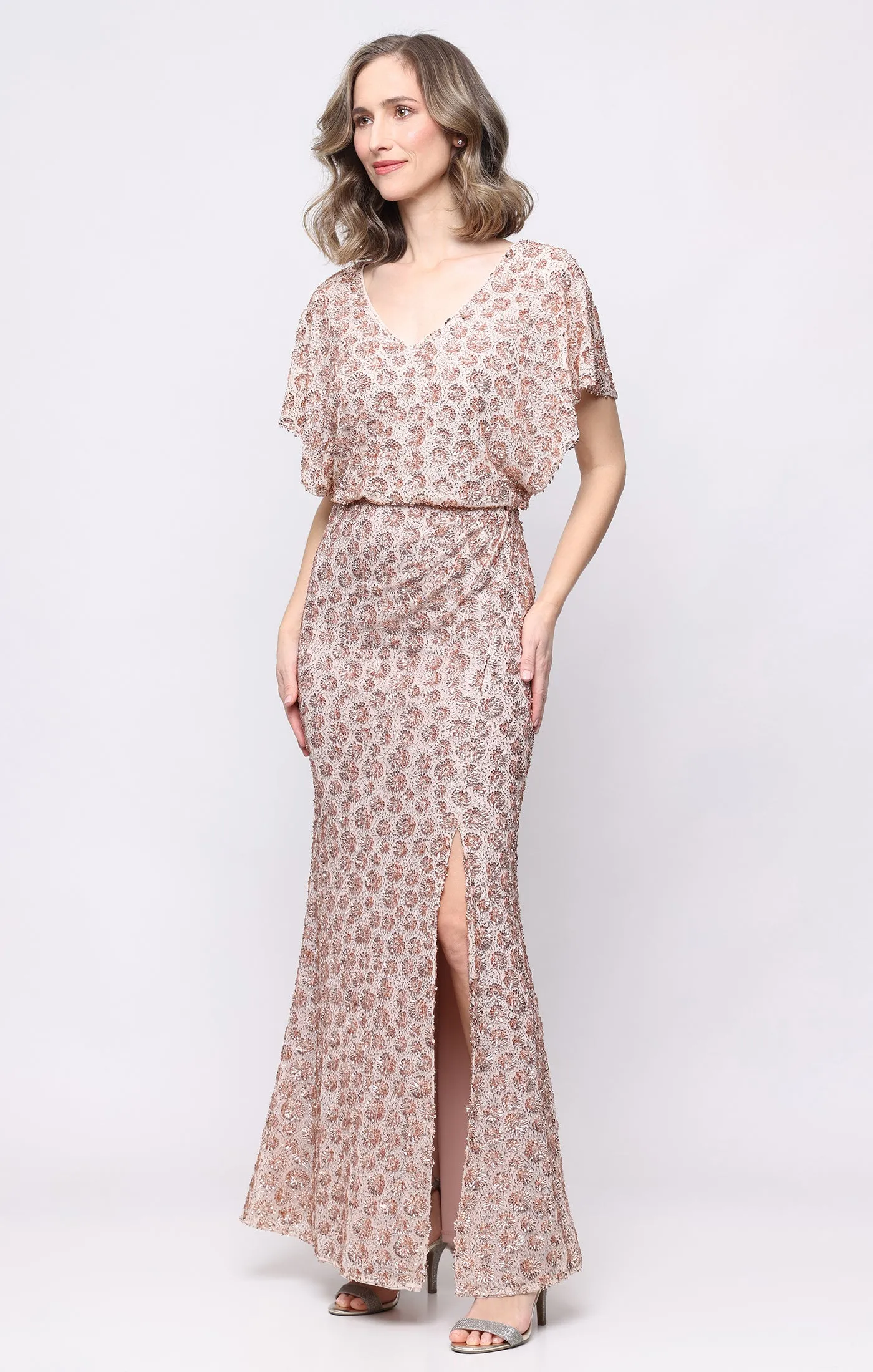 Regular - Long V-Neck Sequin Dress with Flutter Sleeves sold by Alex Evenings
