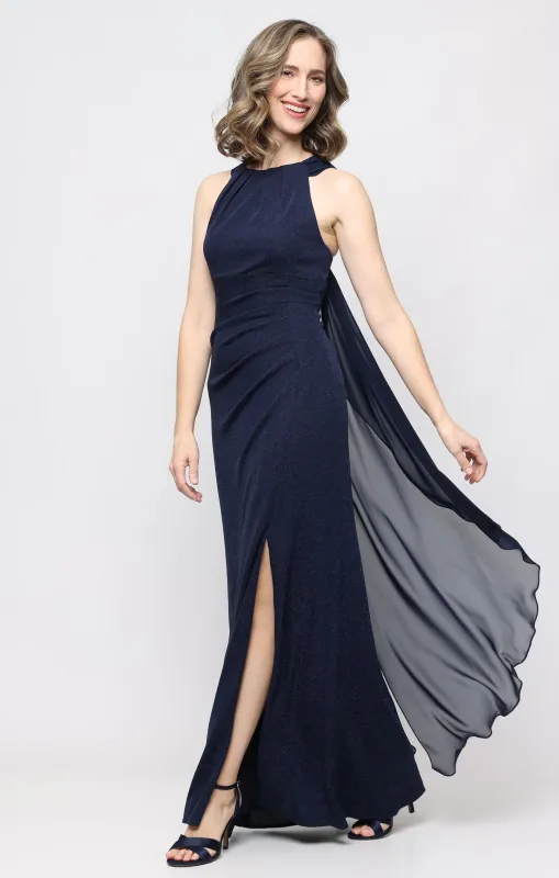 Long Metallic Knit Halter Dress with Front Slit made by Alex Evenings