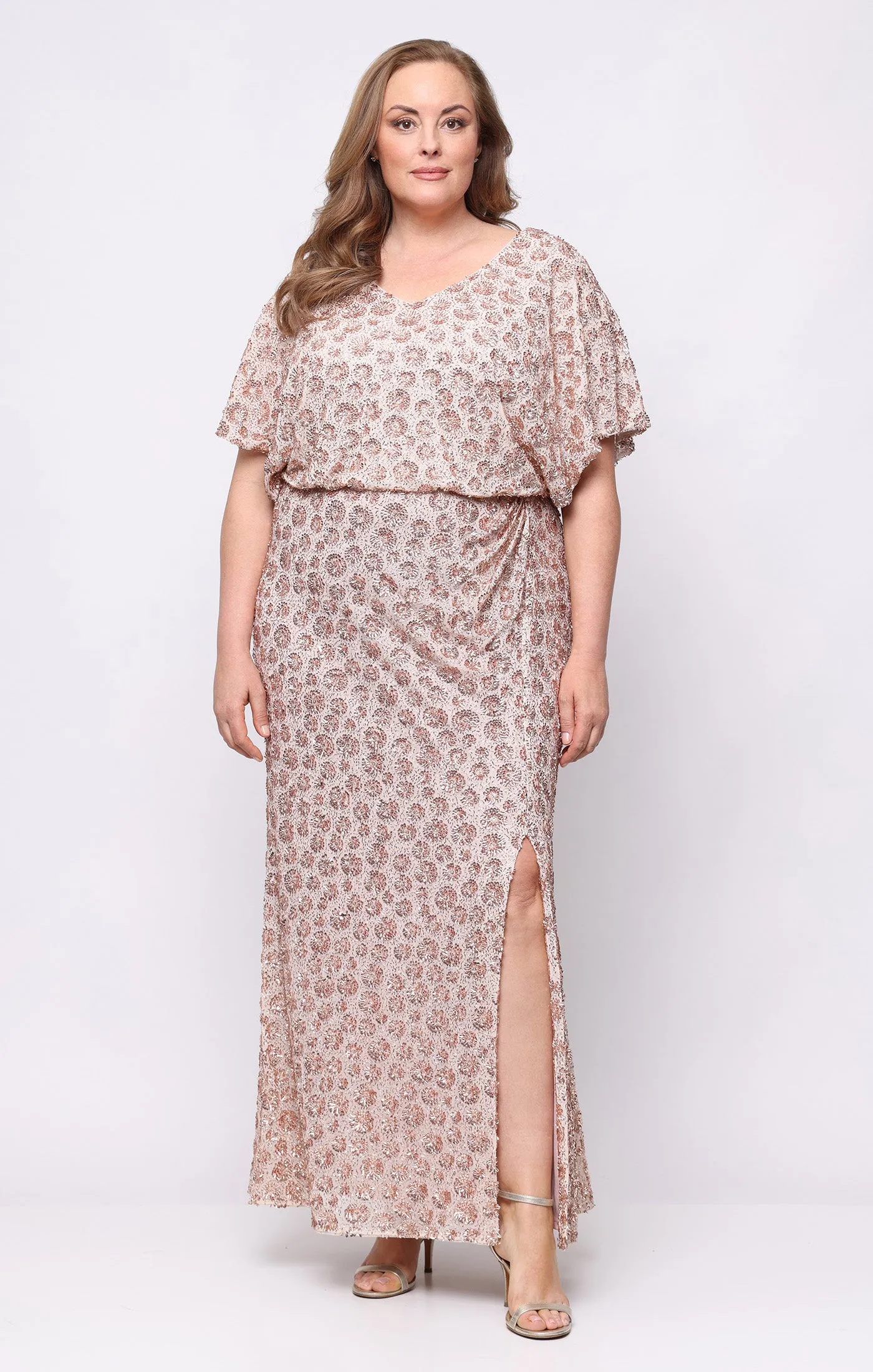 Plus - Long V-Neck Sequin Dress with Flutter Sleeves sold by Alex Evenings