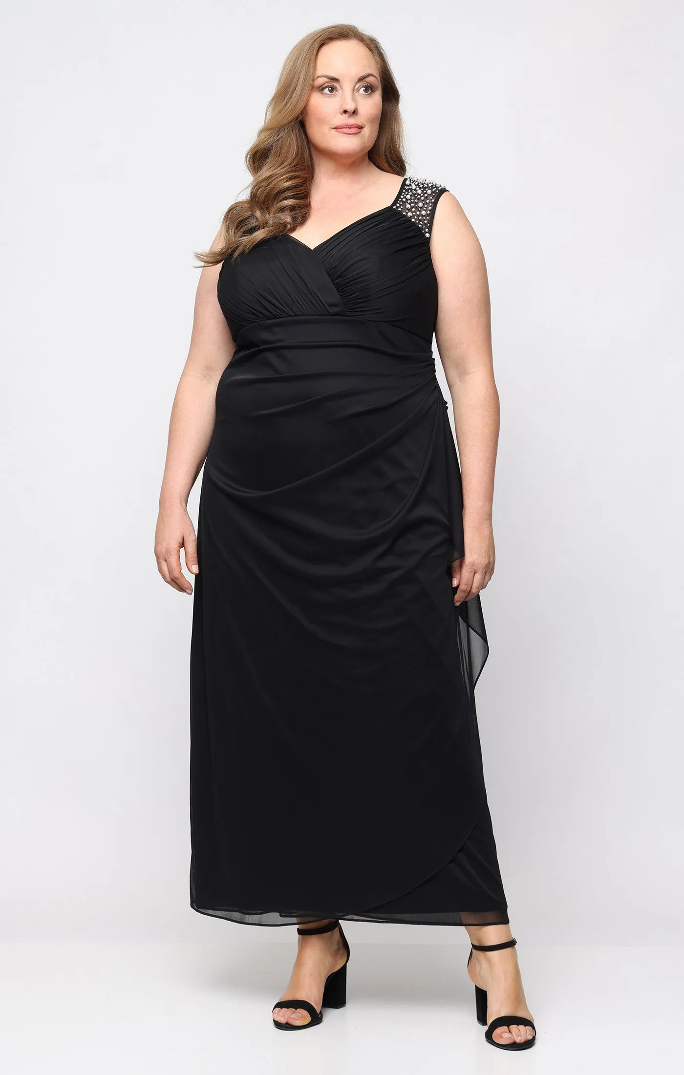 Plus Long Mesh Empire Waist Dress with Cascade Overlay Skirt sold by Alex Evenings