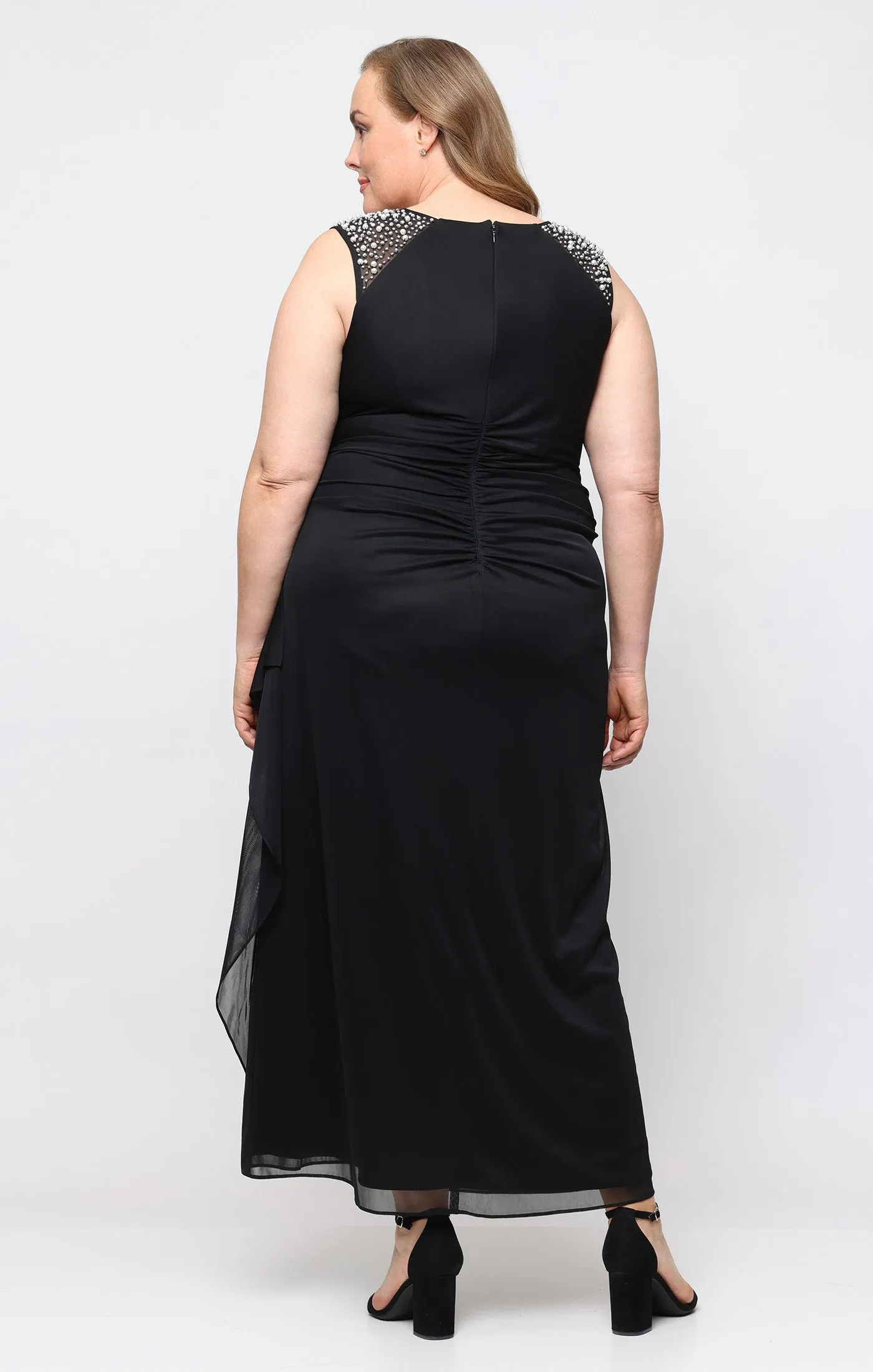 Plus Long Mesh Empire Waist Dress with Cascade Overlay Skirt sold by Alex Evenings product image thumbnail 3