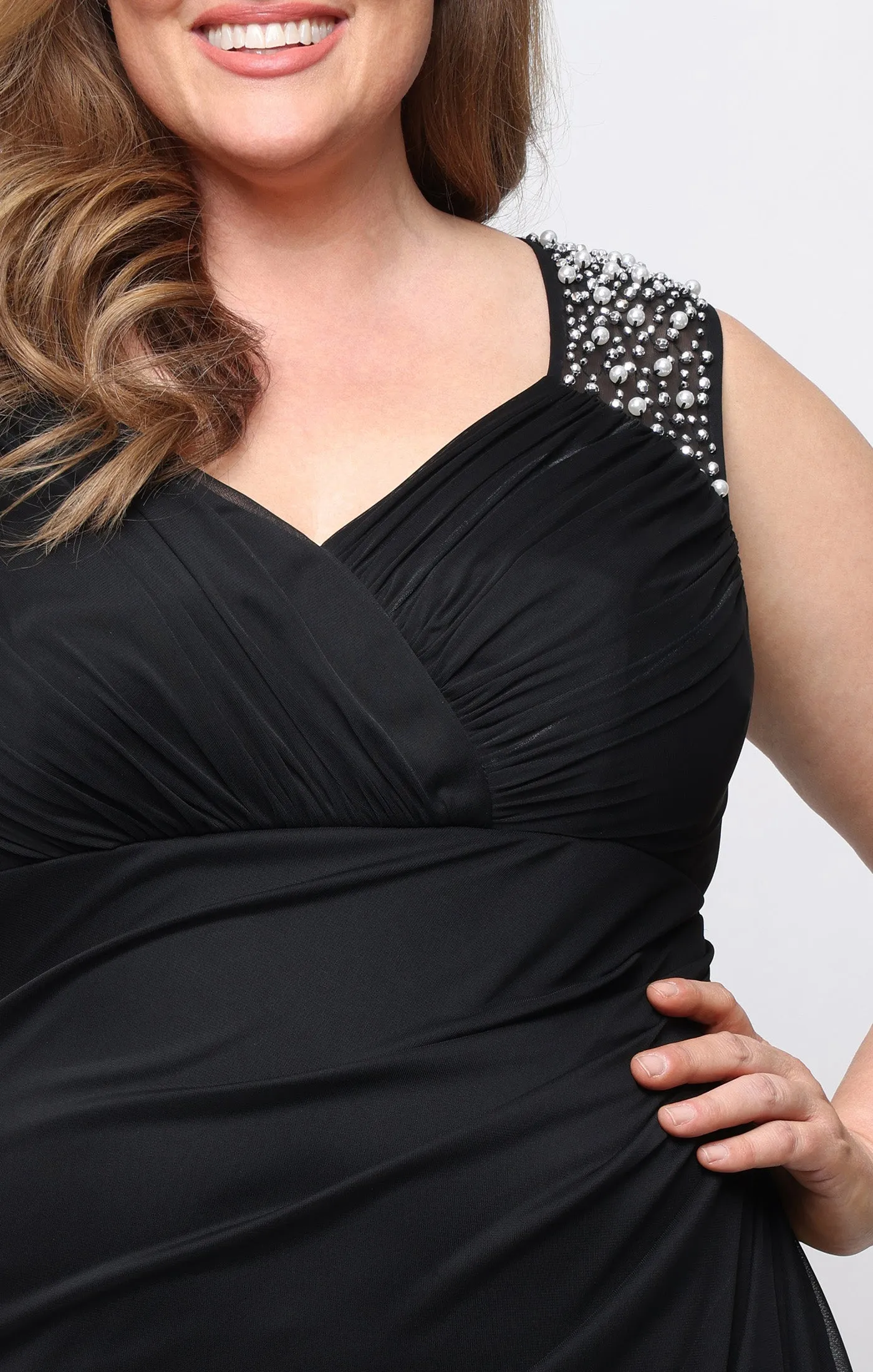 Plus Long Mesh Empire Waist Dress with Cascade Overlay Skirt sold by Alex Evenings product image thumbnail 2