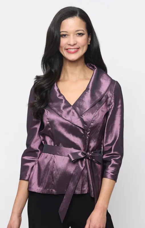 3/4 Sleeve Portrait Collar Washer Taffeta Blouse with Tie Waist Detail made by Alex Evenings
