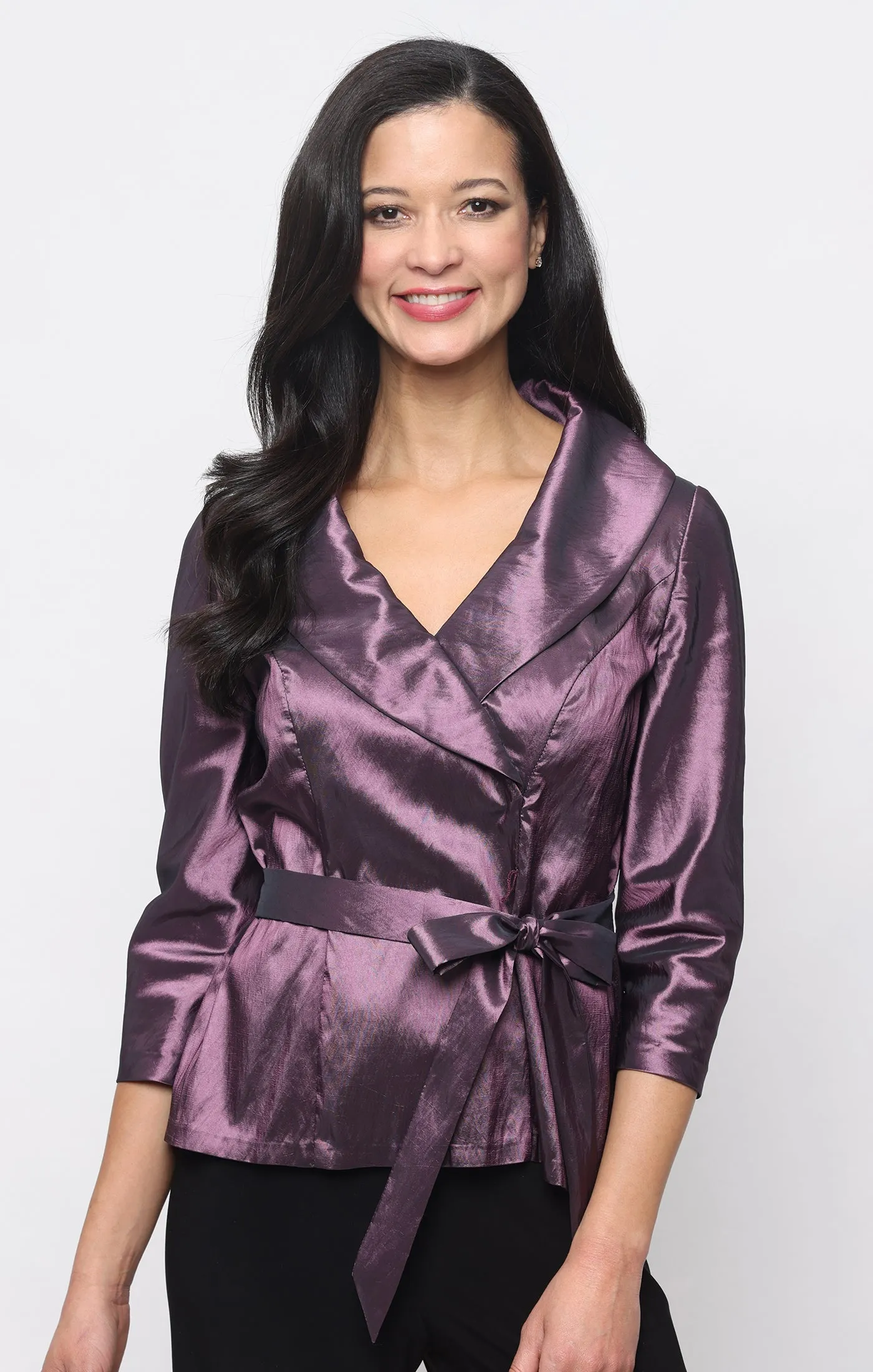 3/4 Sleeve Portrait Collar Washer Taffeta Blouse with Tie Waist Detail sold by Alex Evenings