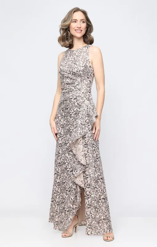Petite - Long Sleeveless Corded Lace Dress with Cascade Detail Skirt made by Alex Evenings
