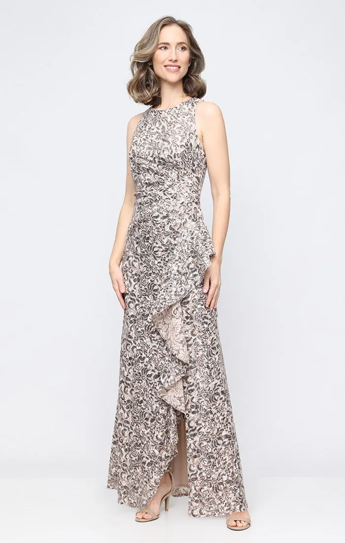 Petite - Long Sleeveless Corded Lace Dress with Cascade Detail Skirt sold by Alex Evenings