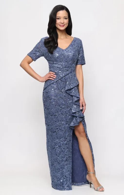 Long Sequin Lace Dress with V-Neckline made by Alex Evenings