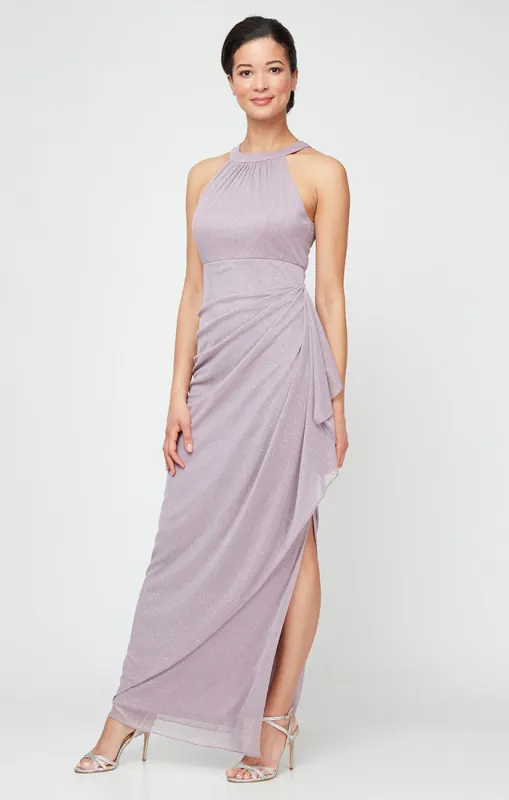 Petite - Glitter Mesh Halter Neck Dress with Cascade Detail Skirt made by Alex Evenings