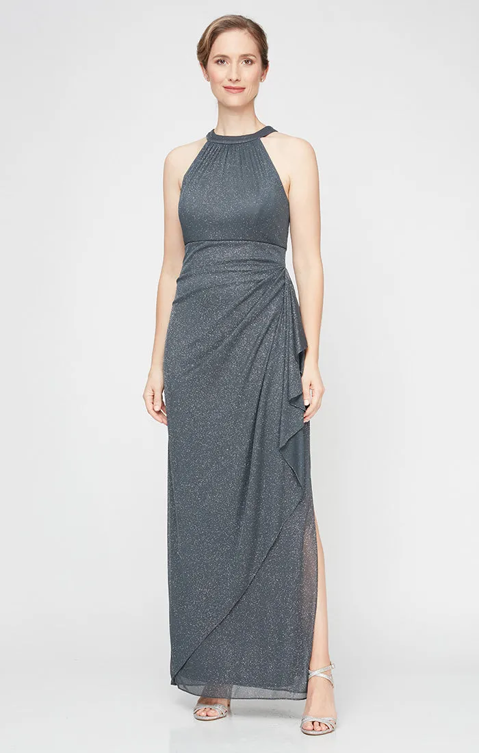 Petite Glitter Mesh Halter Neck Dress with Cascade Detail Skirt sold by Alex Evenings