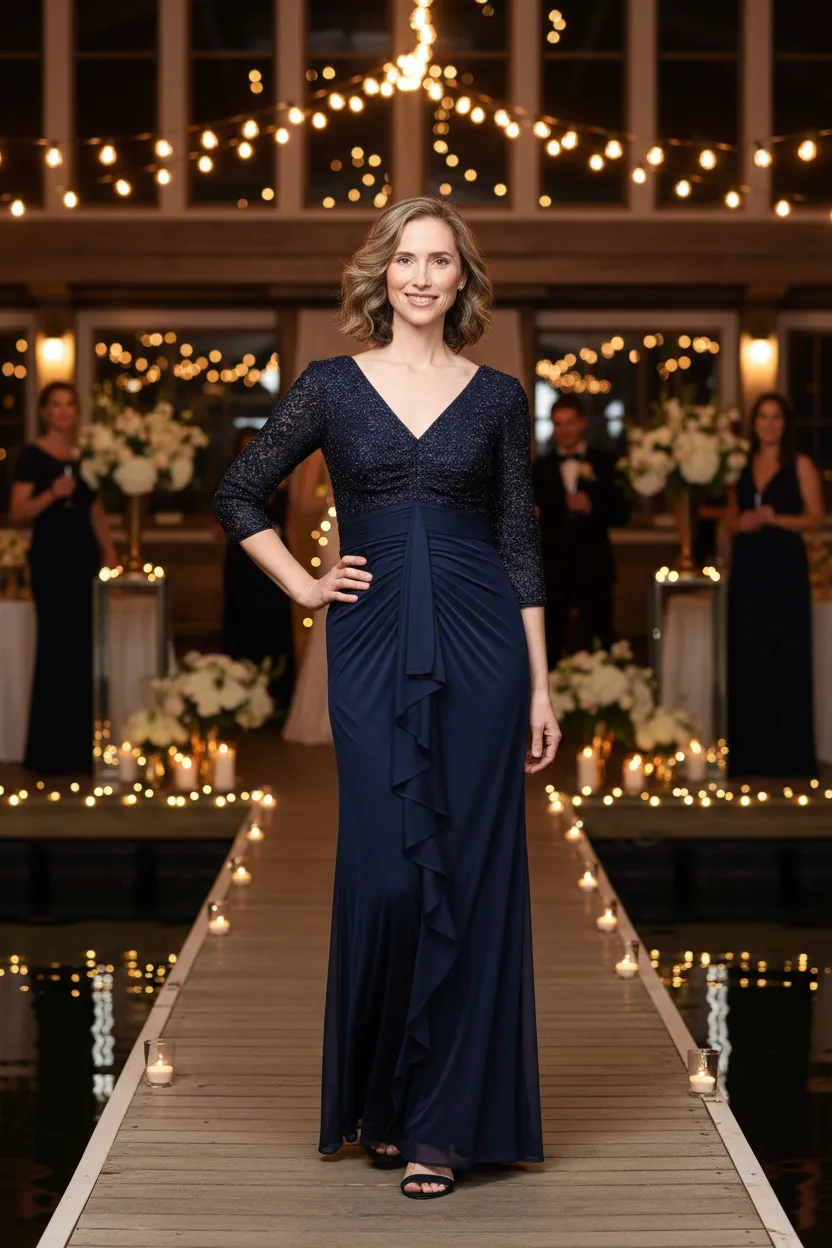 Petite Long Empire Waist V-Neck Sequin Dress sold by Alex Evenings product image thumbnail 4