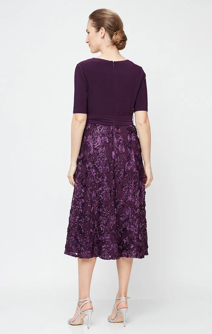 Regular - Tea-Length Lace & Jersey Cocktail Dress with Full Rosette Lace Skirt and Tie Belt sold by Alex Evenings product image thumbnail 2