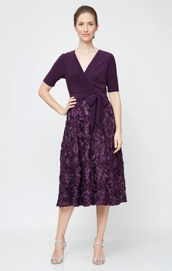 Regular - Tea-Length Lace & Jersey Cocktail Dress with Full Rosette Lace Skirt and Tie Belt sold by Alex Evenings