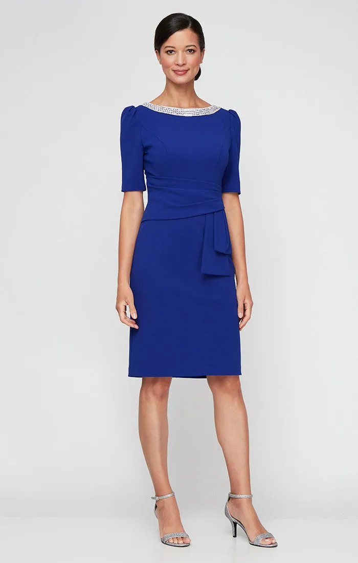 Regular - Stretch Crepe Cocktail Dress with Embellished Neckline sold by Alex Evenings